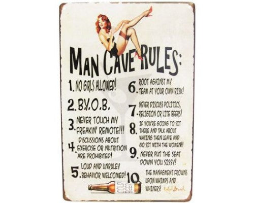 Retro tin sign with 'Man Cave Rules' for decor, measuring 30cm x 20cm, ideal for home bars and game rooms.