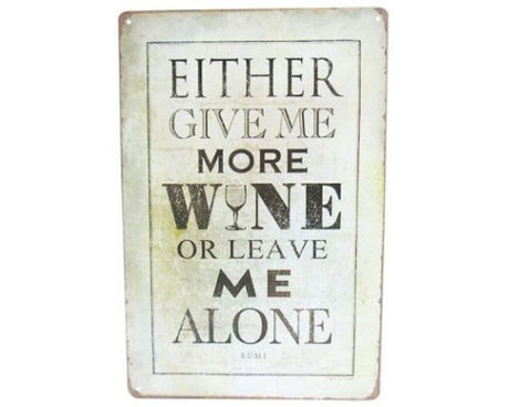 Retro tin sign with 'More Wine' text, perfect for kitchens and bars, adds charm and personality to any space.