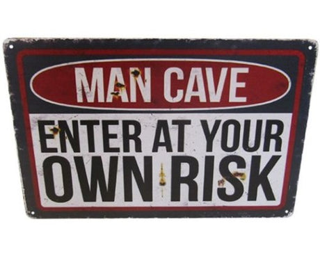 Vintage tin sign featuring quirky 'Cave Risk' design, perfect for man caves and unique decor.