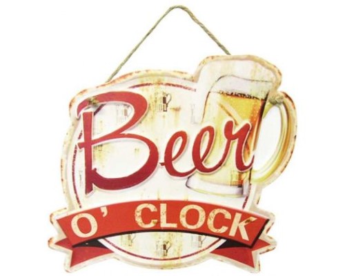 Rustic Beer O'Clock tin sign with rope hanger, perfect for man caves and home bars, 28 x 26 cm.