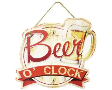 Rustic Beer O'Clock tin sign with rope hanger, perfect for man caves and home bars, 28 x 26 cm.