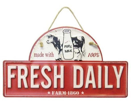 Vintage-style Fresh Milk tin sign with rope hanger, 30 x 17 cm, perfect for farmhouse or café decor.