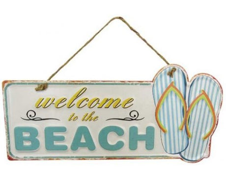 Beach Welcome Tin Sign featuring vibrant colors and fun typography, perfect for coastal decor in any space.