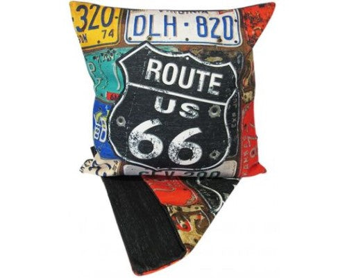 Vintage Route 66 plates design cushion cover, 44cm x 44cm, with easy zip closure for stylish home decor.