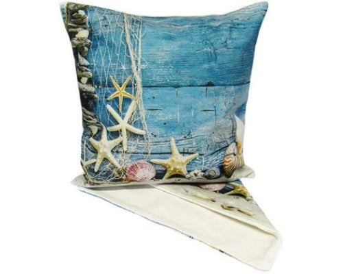 Vibrant beach still life cushion cover, crafted from thick fabric, 44cm x 44cm, with easy-access zip for hassle-free cleaning.