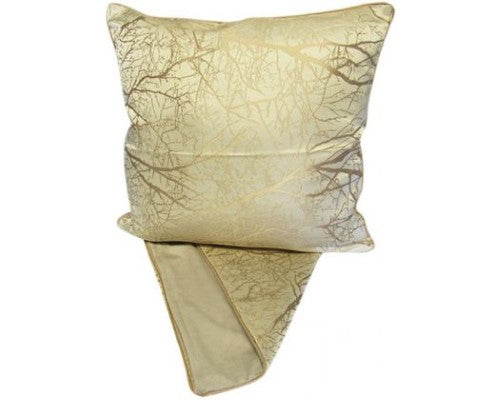 Elegant gold pattern on cream cushion cover, made from thick fabric, featuring easy zip access for washing.