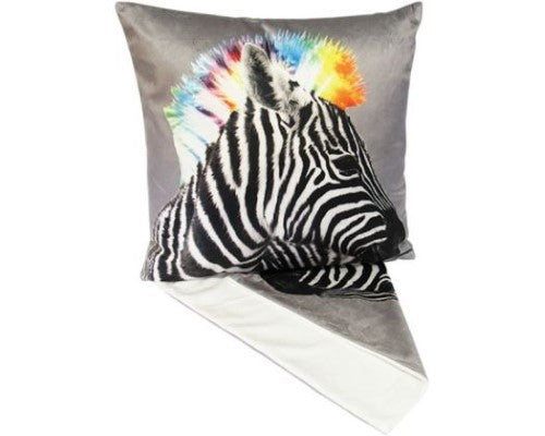Vibrant plush zebra cushion cover, 44cm x 44cm, made from thick fabric, with easy access zip for washing.