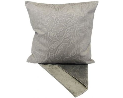 Elegant silver cushion cover with embossed leaf design, perfect for enhancing home decor in living or bedrooms.