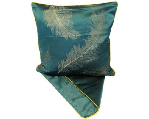 Cushion cover featuring teal background with feather prints, measuring 44cm x 44cm, perfect for stylish home decor.