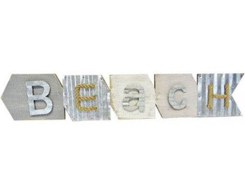 Large beach arrow sign with corrugated iron finish, perfect for coastal decor and easy to hang with included hooks.