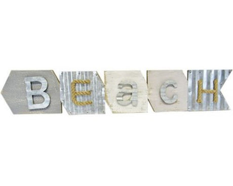 Large beach arrow sign with corrugated iron finish, perfect for coastal decor and easy to hang with included hooks.