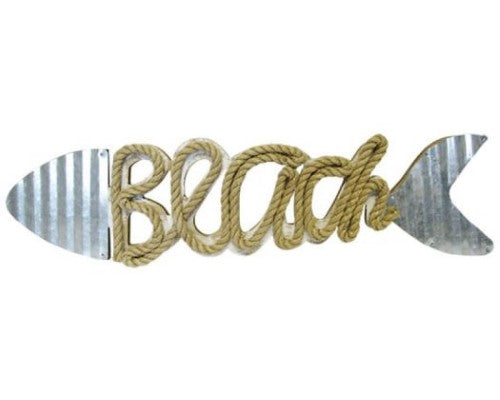 Large rustic beach fish sign made of durable corrugated iron, ideal for coastal decor with hanging hooks for easy display.