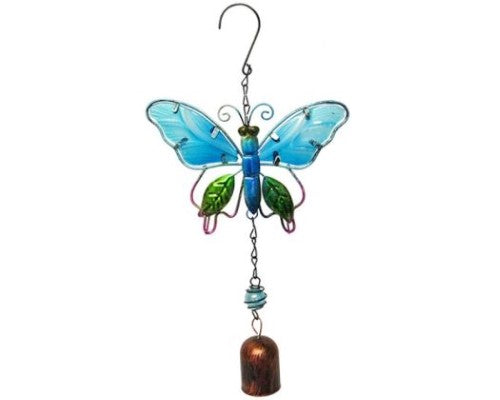 Colorful metal and stained glass butterfly bell for garden decor, creating soothing chimes and a whimsical ambiance.