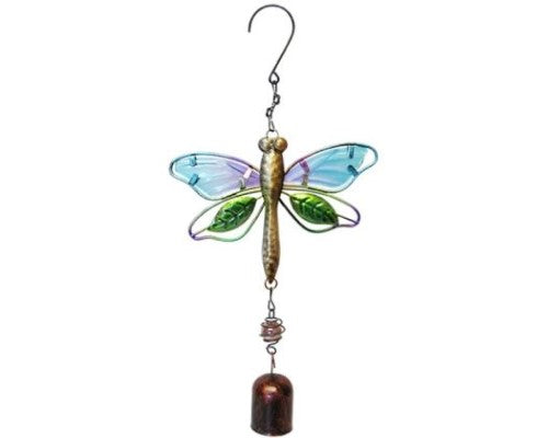 Stunning Garden Glass Dragonfly Bell with melodic chime, crafted from stained glass and metal, perfect for outdoor decor.