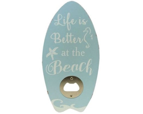 Surfboard-shaped bottle opener measuring 20x8 cm, perfect for beach-themed parties and home decor.