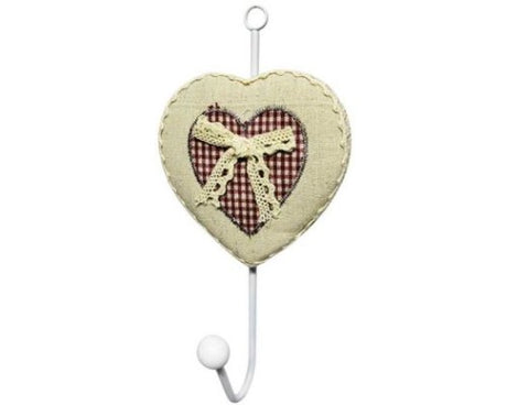 Tartan red coat hook with lace bow on a padded heart, perfect for rustic decor and organizing entryways.