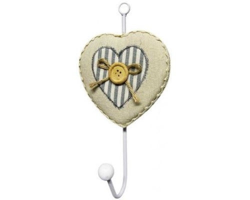 Charming CountryChic coat hook in blue, featuring a button and bow design on a padded heart, perfect for stylish home organization.