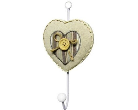 Country Chic white metal coat hook with button and bow on padded heart, measuring 23.5 x 11.5 cm, ideal for entryways.