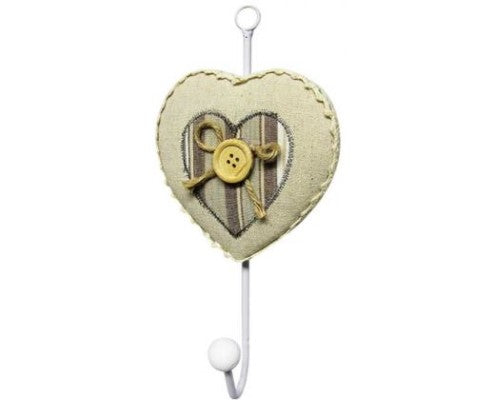 Country Chic white metal coat hook with button and bow on padded heart, measuring 23.5 x 11.5 cm, ideal for entryways.