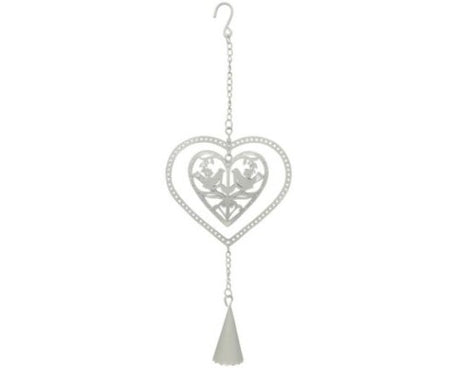 Rustic Country Chic Bird Heart Hanger with Bell, 29 cm long, featuring charming birds and a delicate chime.