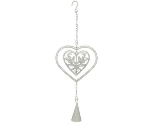 Rustic Country Chic Bird Heart Hanger with Bell, 29 cm long, featuring charming birds and a delicate chime.
