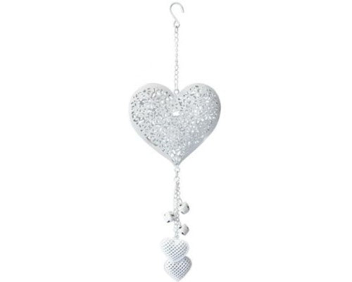 White tin wall hanger featuring intricately designed hearts, perfect for country-themed home decor.