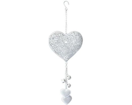 White tin wall hanger featuring intricately designed hearts, perfect for country-themed home decor.