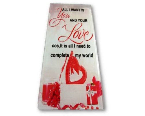Elegant glass tile with a heartfelt love message, measuring 18cm tall and 8cm wide, perfect for home decor or gifts.