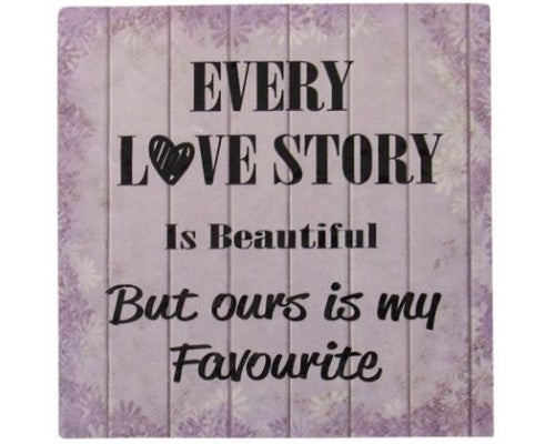 Ceramic message tile depicting a love story, 9.5x9.5 inches, includes shelf stand for display.