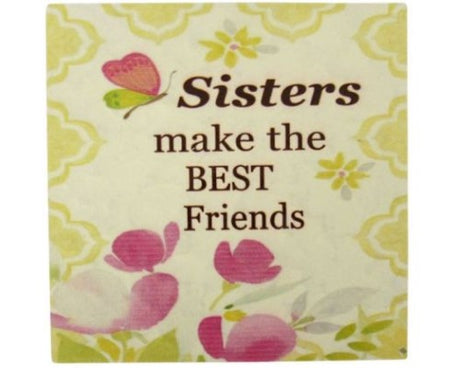 Ceramic art tile featuring a heartfelt message celebrating sisterhood, includes a stylish shelf stand for display.