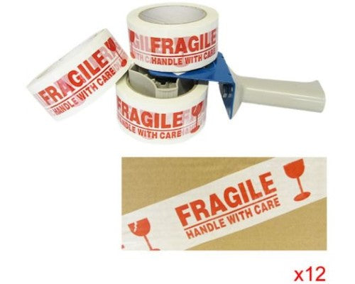 Pack of 10 fragile tape rolls, 45mm wide and 7m long, clearly marked for safe shipping of delicate items.