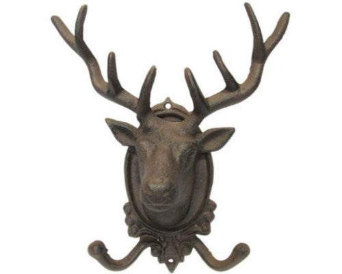 Large metal stag coat hook showcasing rustic charm, ideal for organizing jackets and enhancing cabin decor.