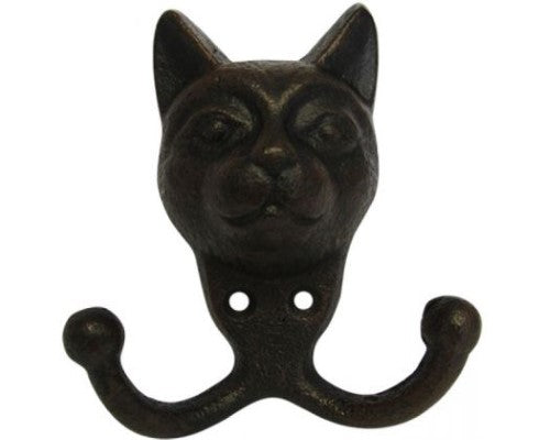 Whimsical double cat coat hook in durable cast iron, perfect for hanging jackets and leashes, enhancing home decor.