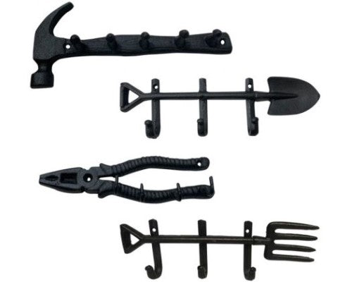 Set of 2 cast iron hooks shaped like a spade and hammer, perfect for adding rustic charm and functionality to your home.