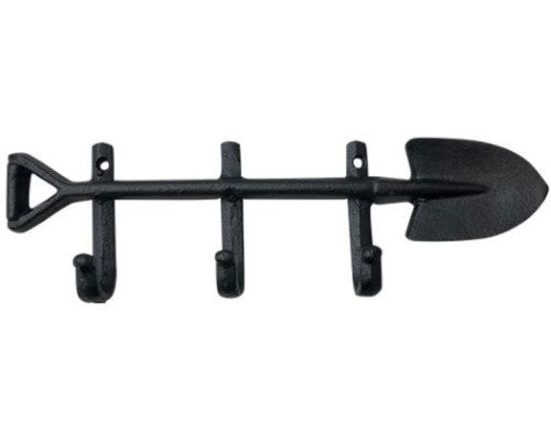 Rustic cast iron garden hook with three spade-shaped hooks for tools, coats, or decor, 29 x 9 cm, durable and stylish.