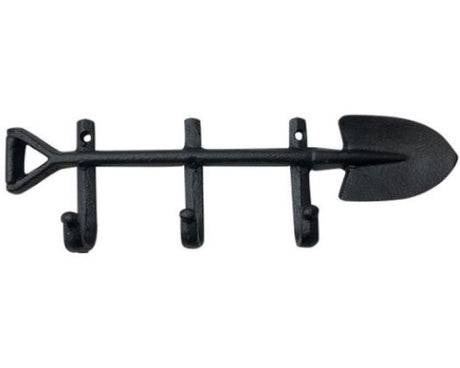 Rustic cast iron garden hook with three spade-shaped hooks for tools, coats, or decor, 29 x 9 cm, durable and stylish.