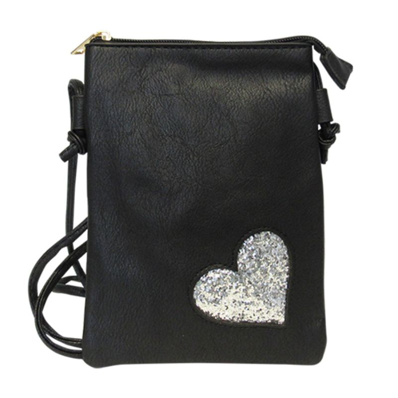 Chic black shoulder bag with bling heart detail, spacious zip-top main compartment, and adjustable strap for stylish versatility.