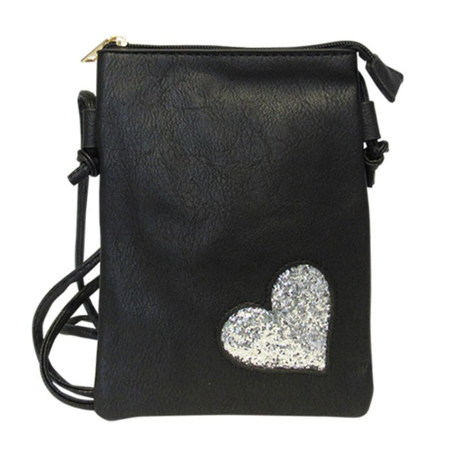 Chic black shoulder bag with bling heart detail, spacious zip-top main compartment, and adjustable strap for stylish versatility.