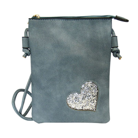 Chic blue shoulder bag with bling heart design, zip compartment, and convenient back pocket for essentials.