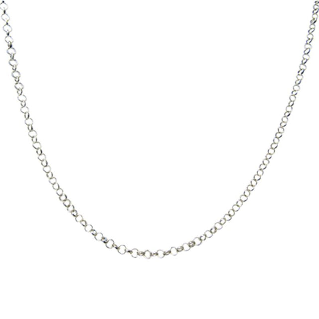 Elegant 3mm rhodium chain, 47cm long with 6cm extension, perfect for pendants or solo wear, hypoallergenic and tarnish-resistant.