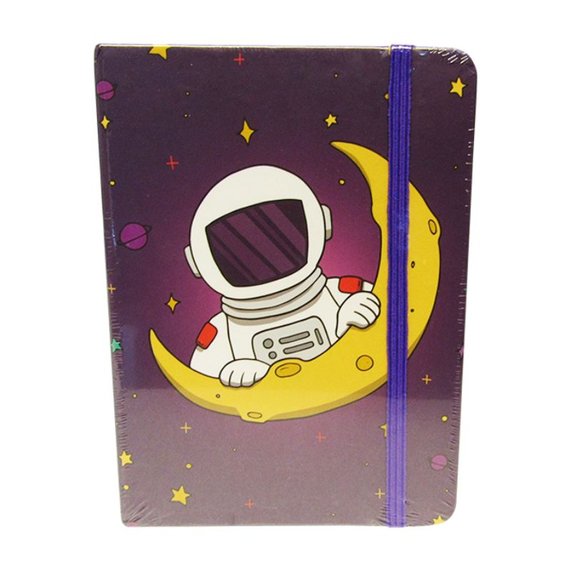 14.5cm Space Crescent Notebook featuring lined pages and an elastic closure, perfect for creative minds and stargazers.