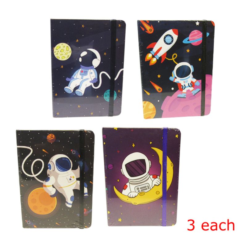 Set of 12 assorted space-themed notebooks with elastic closure, lined paper, and vibrant covers for creative exploration.