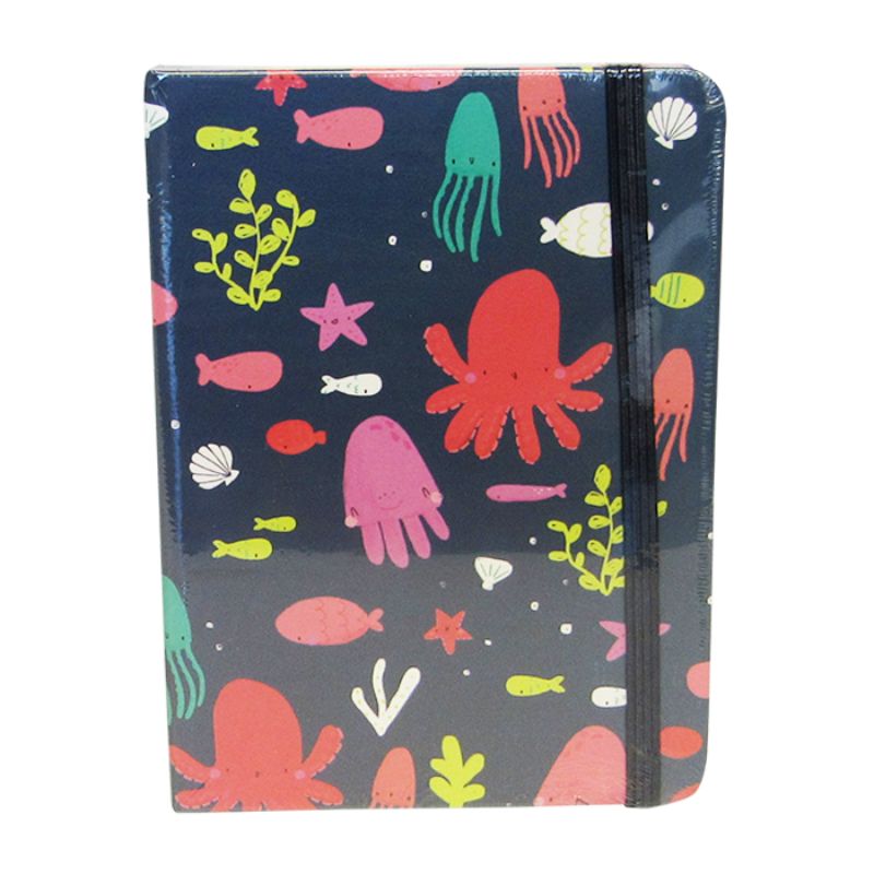 Sealife Octopus Notebook featuring an octopus design, 14.5cm size, lined paper, and elastic closure for secure storage.