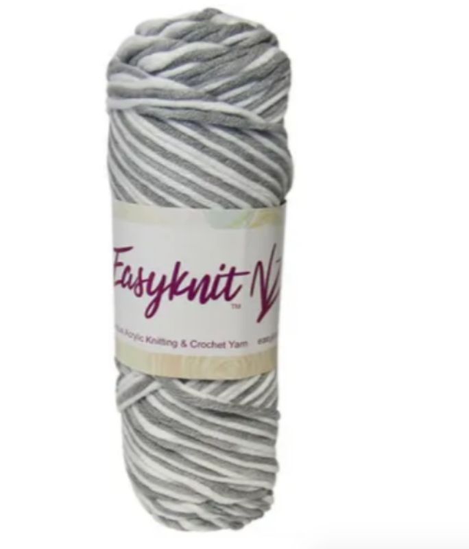 EasyKnit Premium Silver & White yarn, 100g ball, 8-ply, super soft for knitting and crochet projects.
