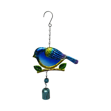 Blue garden glass fat bird ornament with a bell, measures 32 x 18 cm including hanger.
