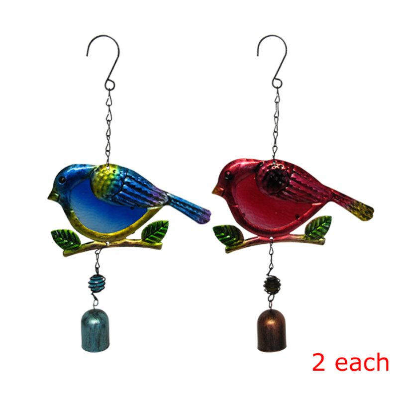 Set of 4 assorted garden glass fat birds with metal hangers and bells, each measuring 32 x 18 cm.