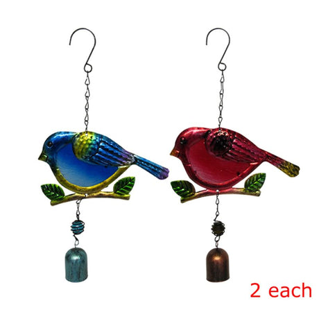 Set of 4 assorted garden glass fat birds with metal hangers and bells, each measuring 32 x 18 cm.