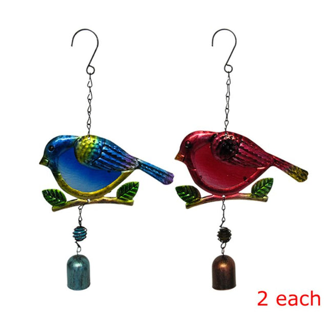 Set of 4 assorted garden glass fat birds with metal hangers and bells, each measuring 32 x 18 cm.