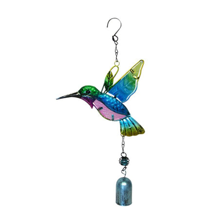 Metal and stained glass blue hummingbird ornament with bell, measures 36 x 18 cm including hanger.