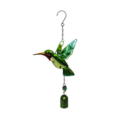 Stained glass hummingbird ornament with metal hanger and bell, measuring 36 x 18 cm.